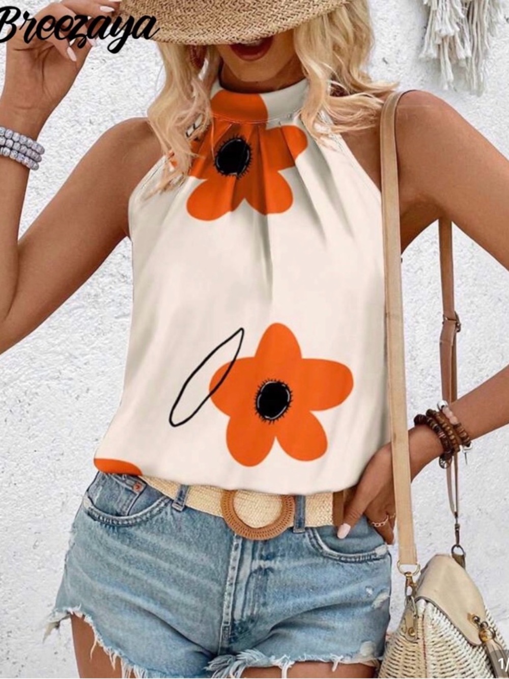 Cream Halter Camisole with Orange Floral Print